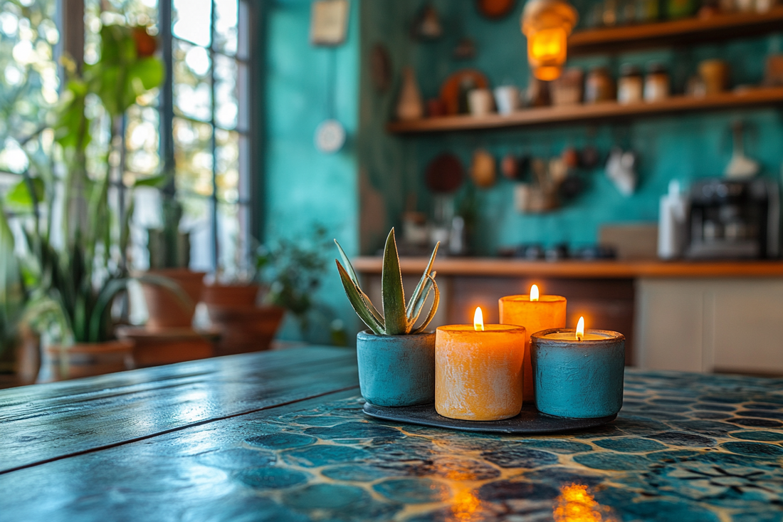 A tabletop in a mediterranean style kitchen with blue and orange candle holders